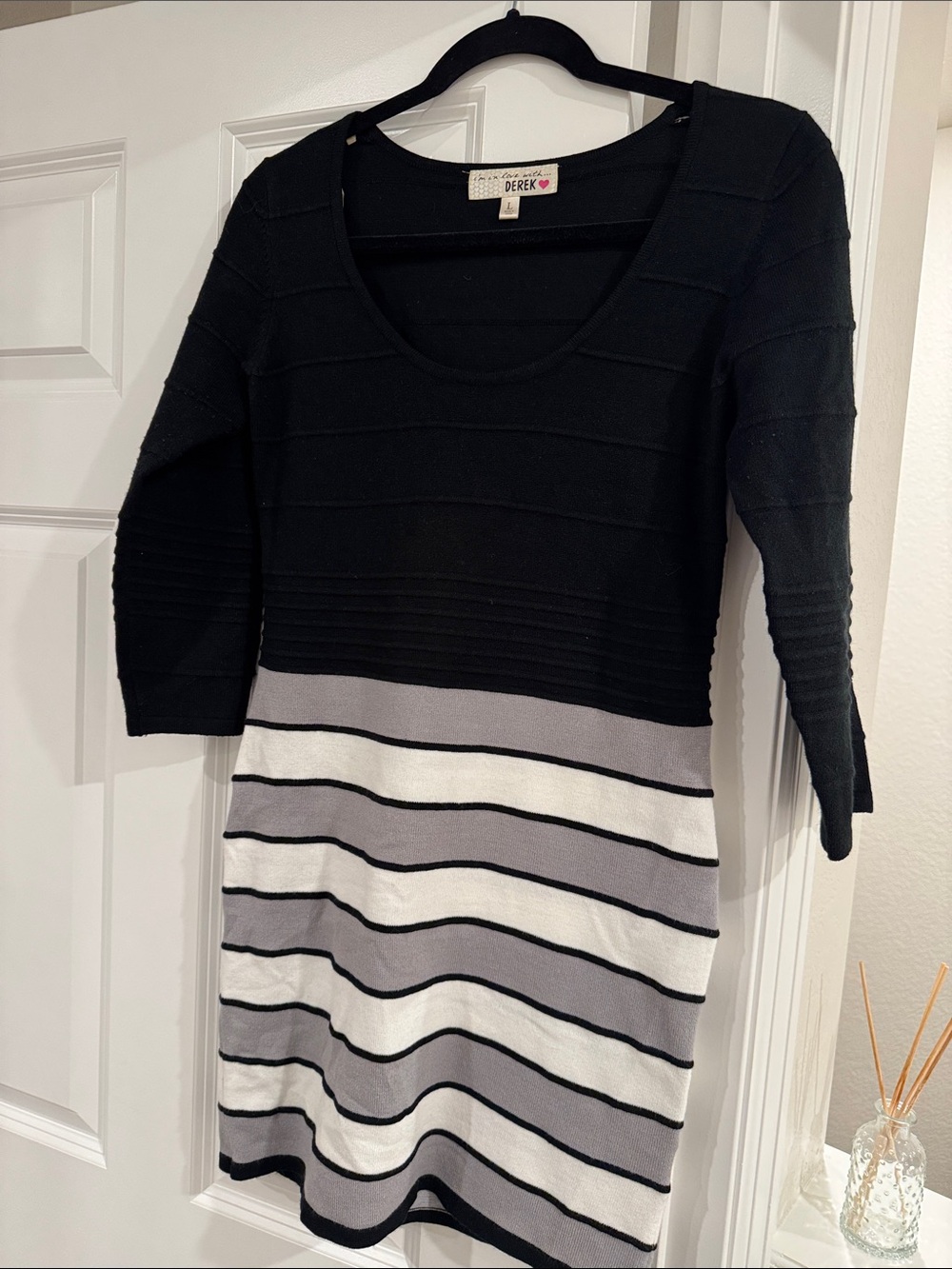 Derek Heart Black, Gray & White Striped Knit Sweater Dress